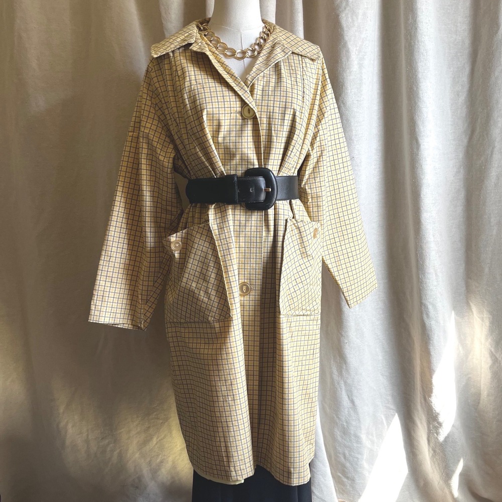 Vintage 1950s 1960s Yellow Windowpane Rain Coat Mod Swing Coat Lightweight‎ M/L